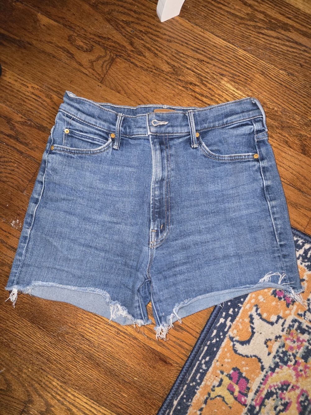 MOTHER Blue High-Rise Frayed Hem Jean Shorts